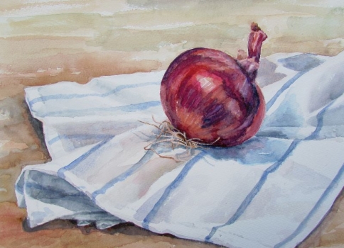 Red onion on striped cloth