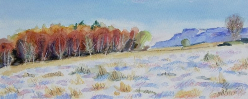 'Autumn trees in snow with Fintry Hills'. SOLD