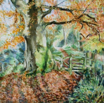 'Tree & gate, lade path, Fintry, Autumn'