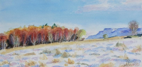 'Autumn trees in snow with Fintry Hills' 